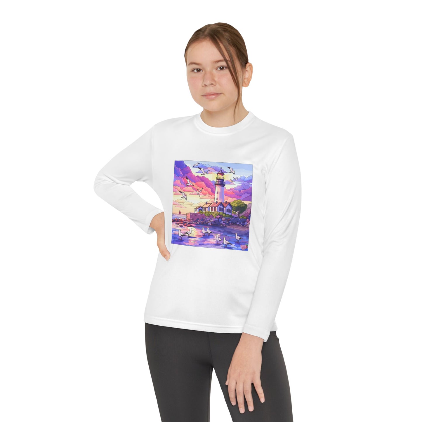 Youth Long Sleeve Tee — Colorful Lighthouse Sunset Graphic