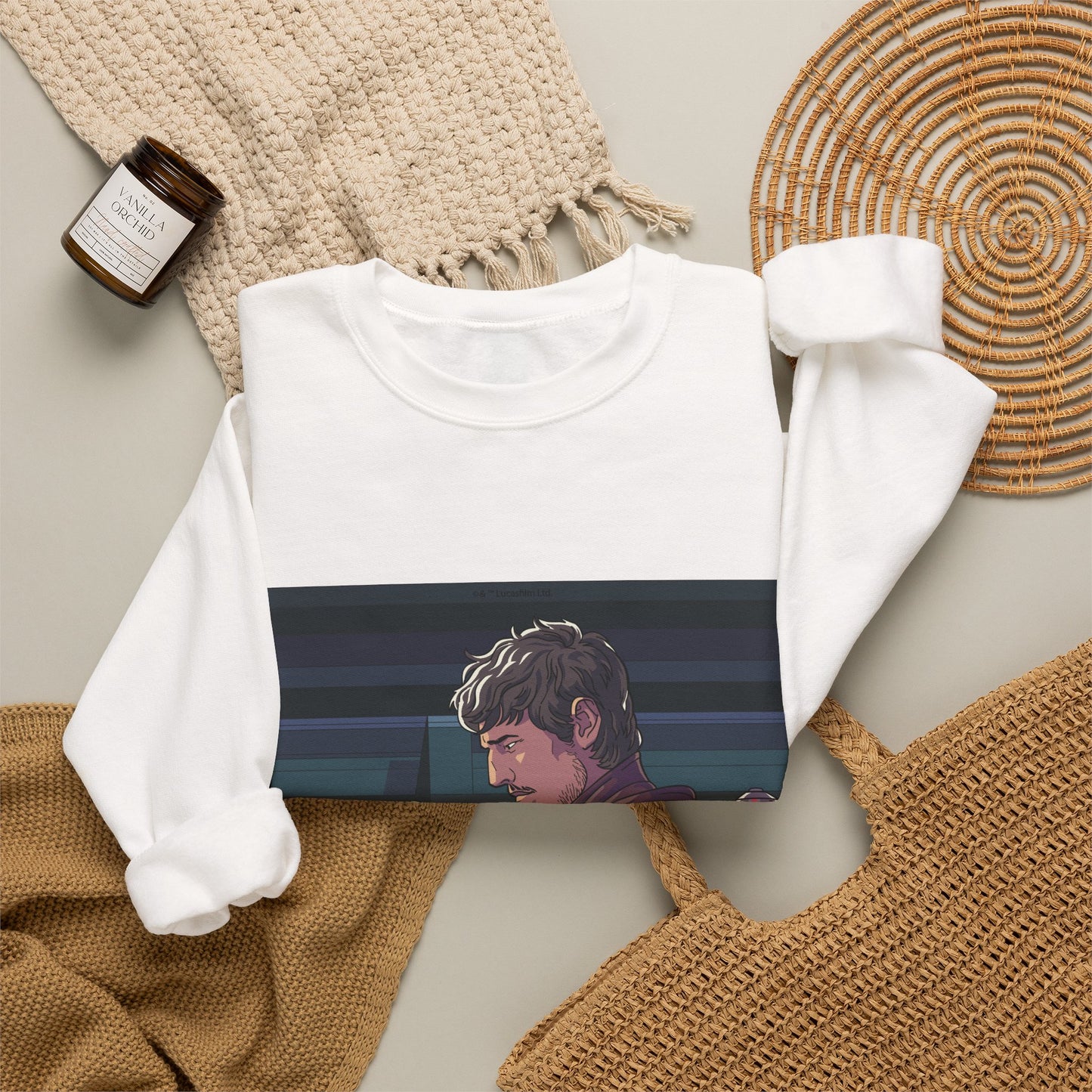 Crewneck Sweatshirt — Space Warrior Holding Baby Alien Graphic