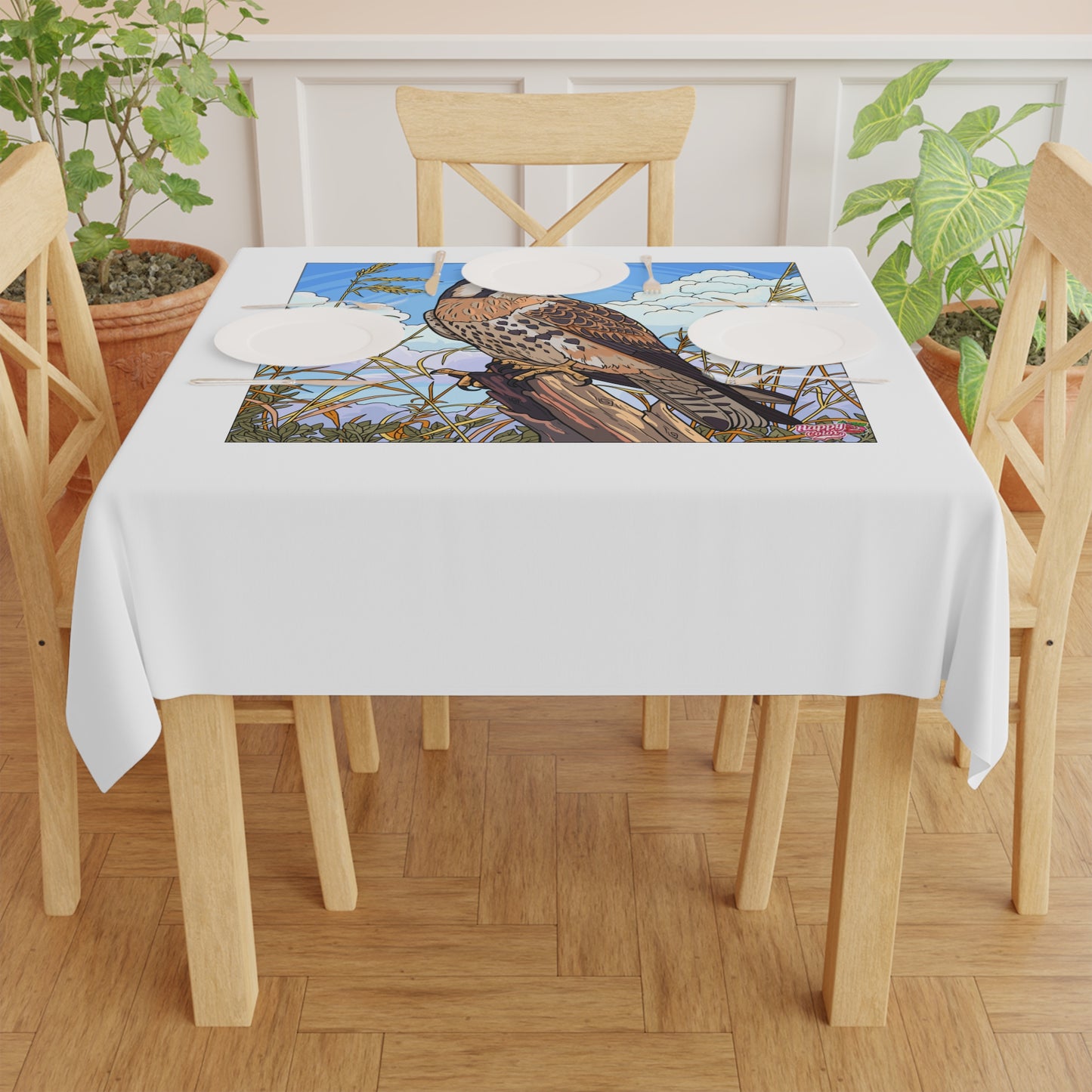 Kestrel Meadow Tablecloth — Bird Illustration Square Table Cover