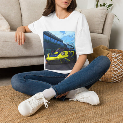 Racing Cityscape T-Shirt — Yellow Sports Car Track Scene