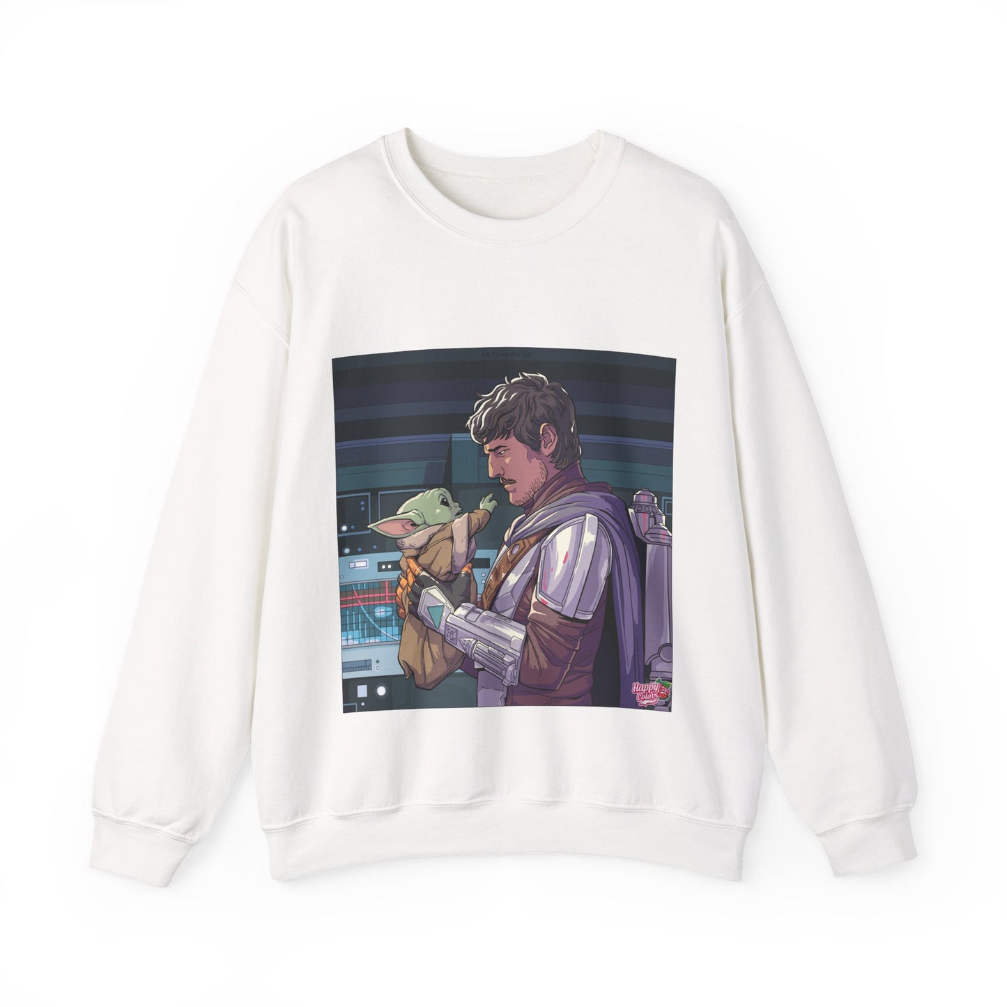 Crewneck Sweatshirt — Space Warrior Holding Baby Alien Graphic