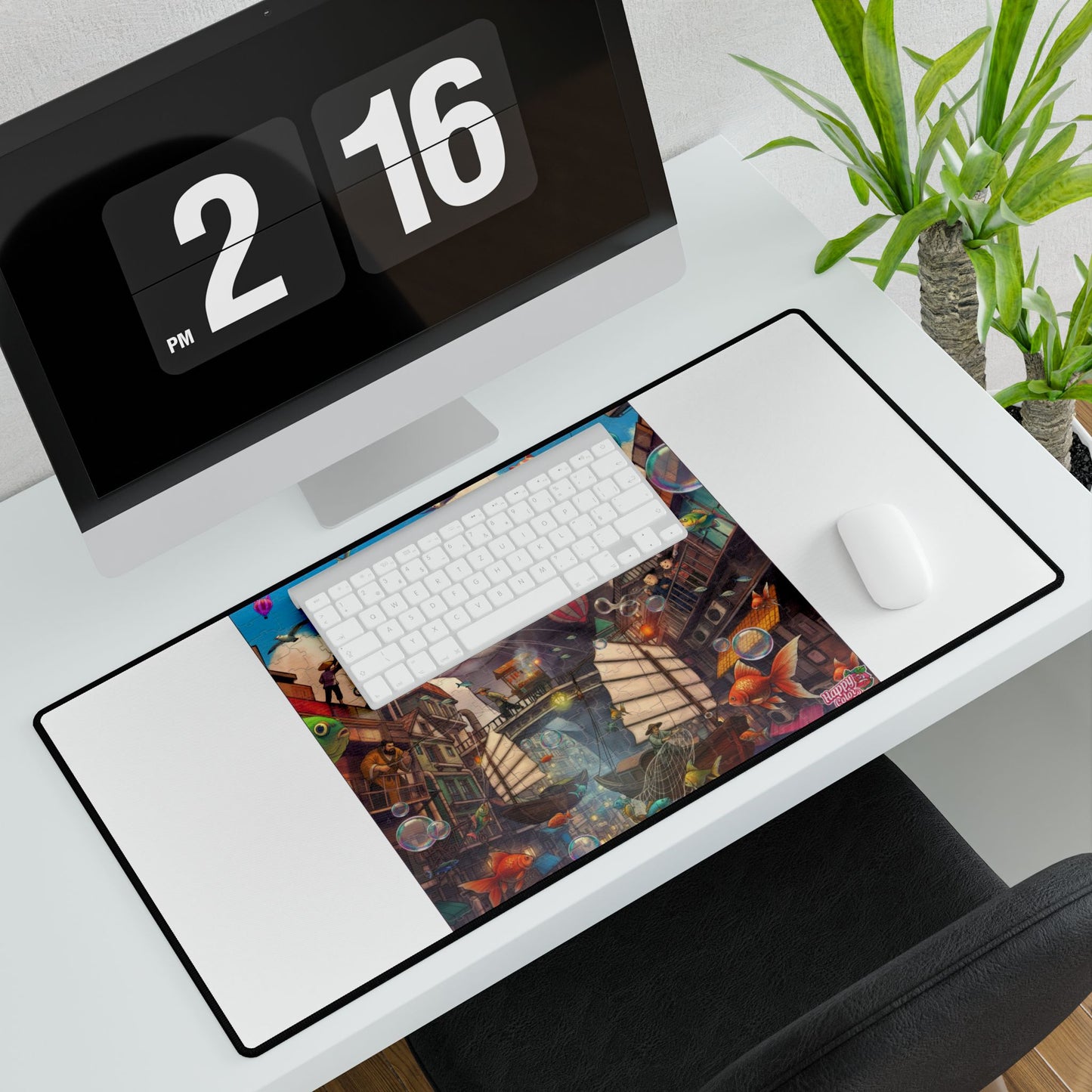 Whimsical Cat City Desk Mat — Large Illustrated Mouse & Hot Air Balloon Gaming/Work Desk Pad