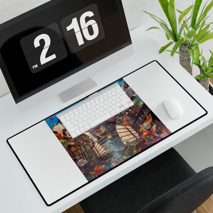 Whimsical Cat City Desk Mat — Large Illustrated Mouse & Hot Air Balloon Gaming/Work Desk Pad
