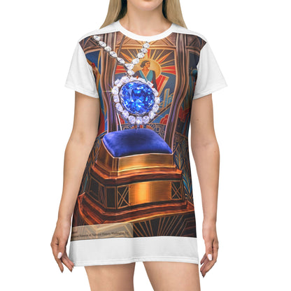 Art Deco Sapphire Necklace T‑Shirt Dress – Vintage Jewelry Illustration AOP