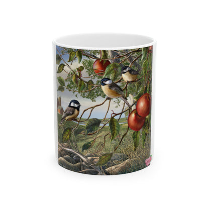 Chickadee & Apple Orchard Ceramic Mug — Nature Bird Coffee Cup (11oz/15oz)
