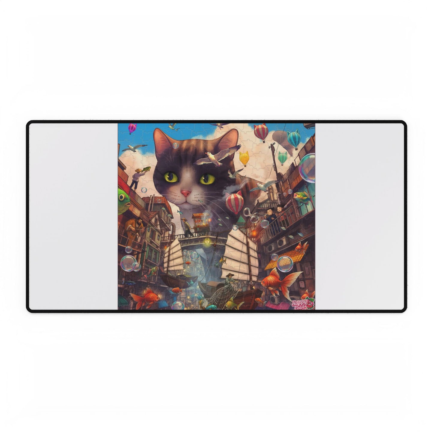 Whimsical Cat City Desk Mat — Large Illustrated Mouse & Hot Air Balloon Gaming/Work Desk Pad
