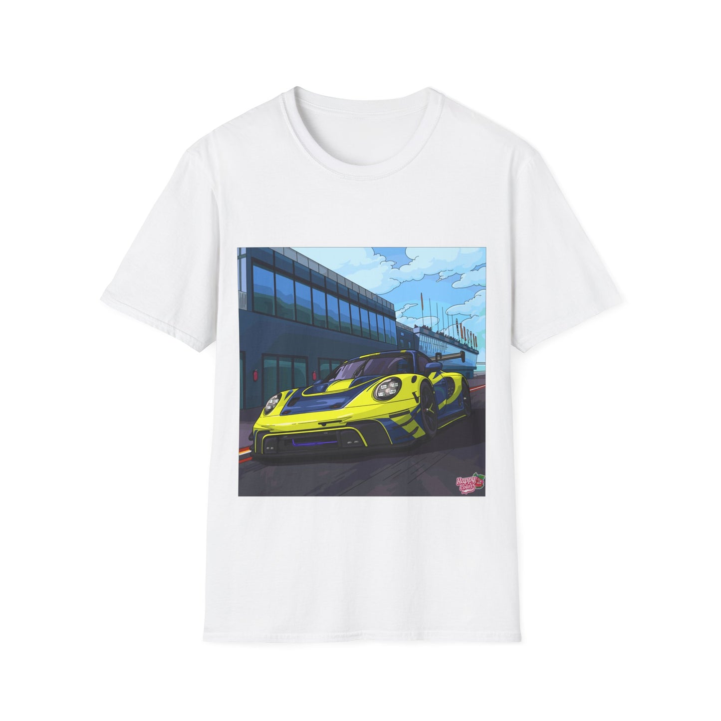 Racing Cityscape T-Shirt — Yellow Sports Car Track Scene