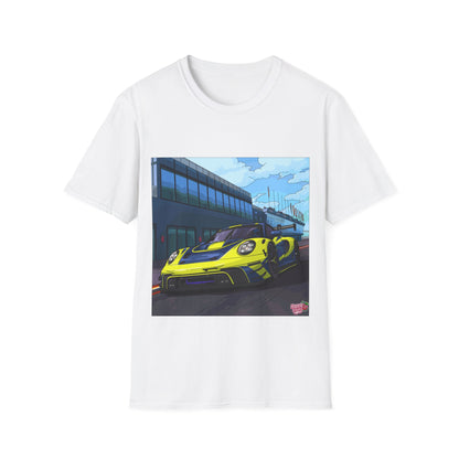 Racing Cityscape T-Shirt — Yellow Sports Car Track Scene