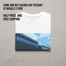 Racing Cityscape T-Shirt — Yellow Sports Car Track Scene Printify