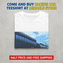 Racing Cityscape T-Shirt — Yellow Sports Car Track Scene Printify