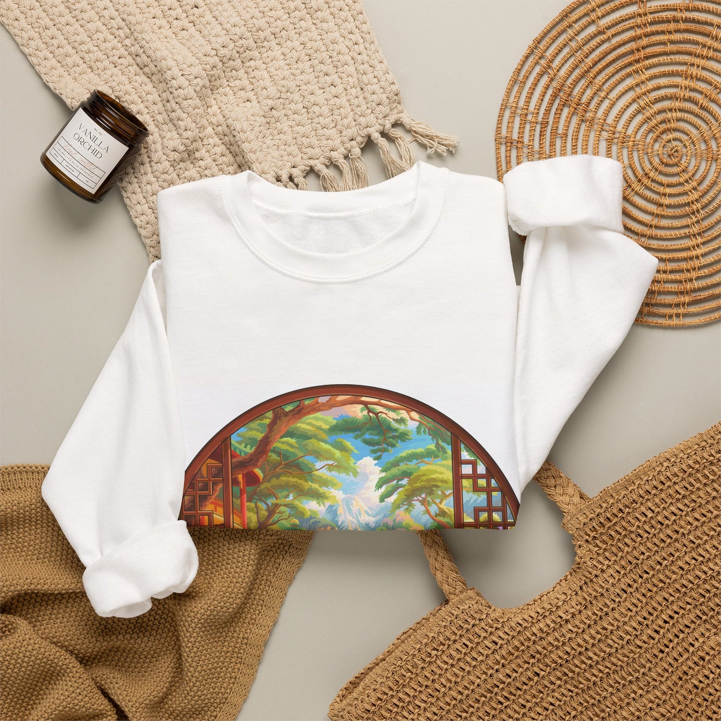 Crewneck Sweatshirt — Serene Asian Garden Window Scene