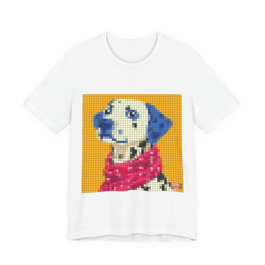 Dalmatian Pixel Art Tee — Cute Blue-Accented Dog Graphic Shirt