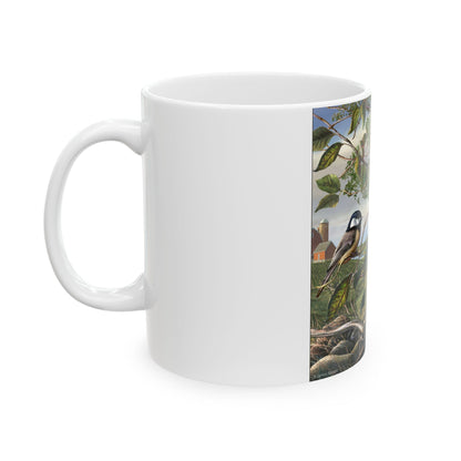 Chickadee & Apple Orchard Ceramic Mug — Nature Bird Coffee Cup (11oz/15oz)