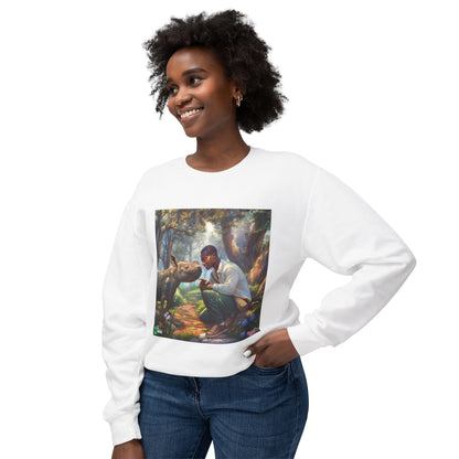 Dog Lover Crewneck Sweatshirt — Man and Dog Forest Art Print