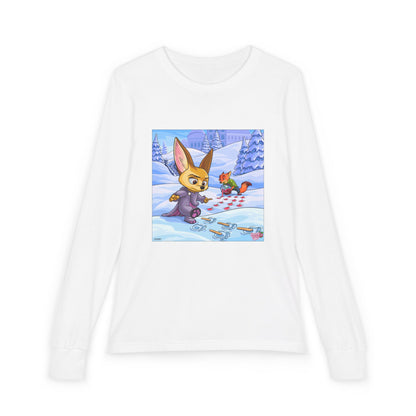 Kids Long Sleeve Tee — Winter Bunny & Fox Snowy Trail Illustration