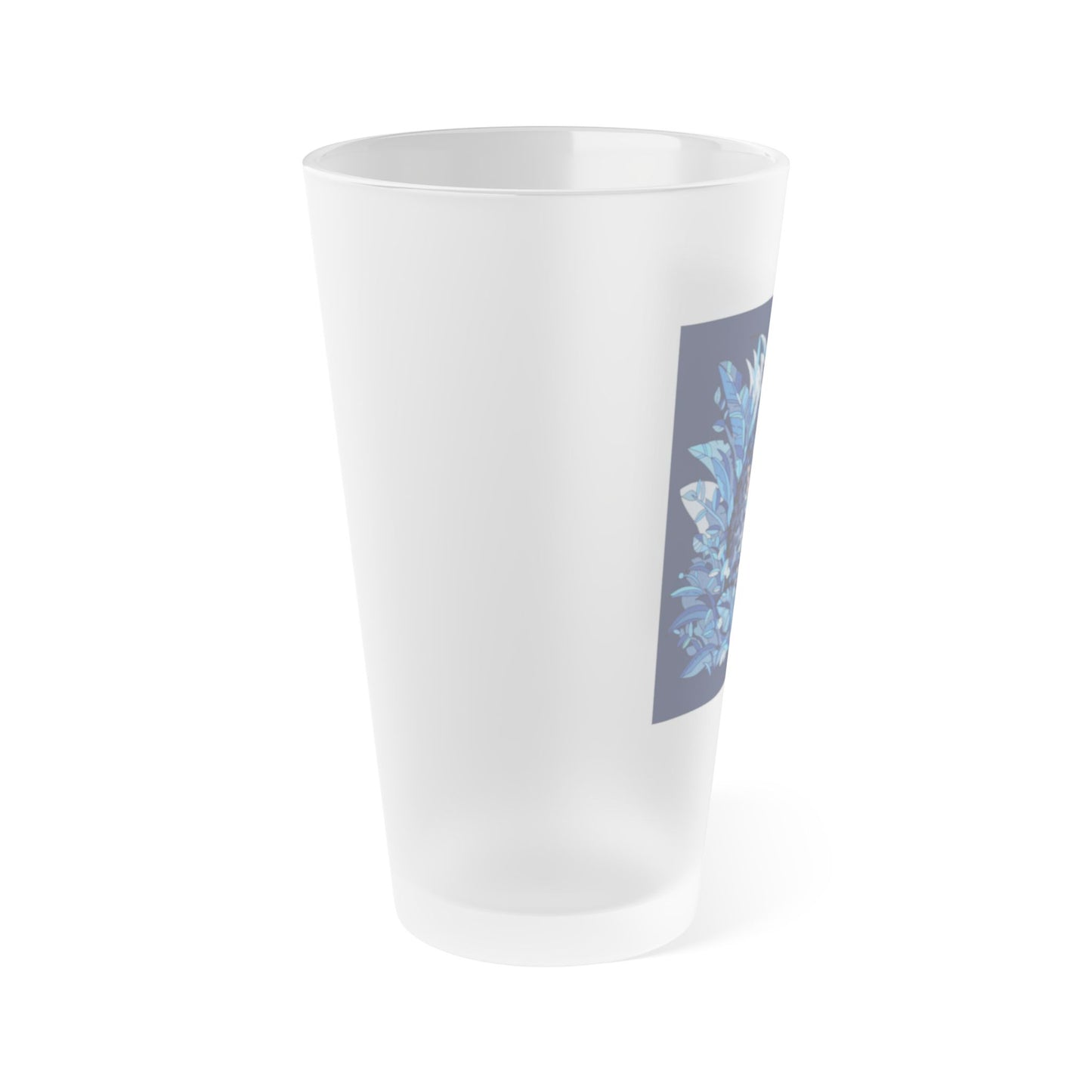 Frosted 16oz Pint Glass — Blue Floral Leopard Design
