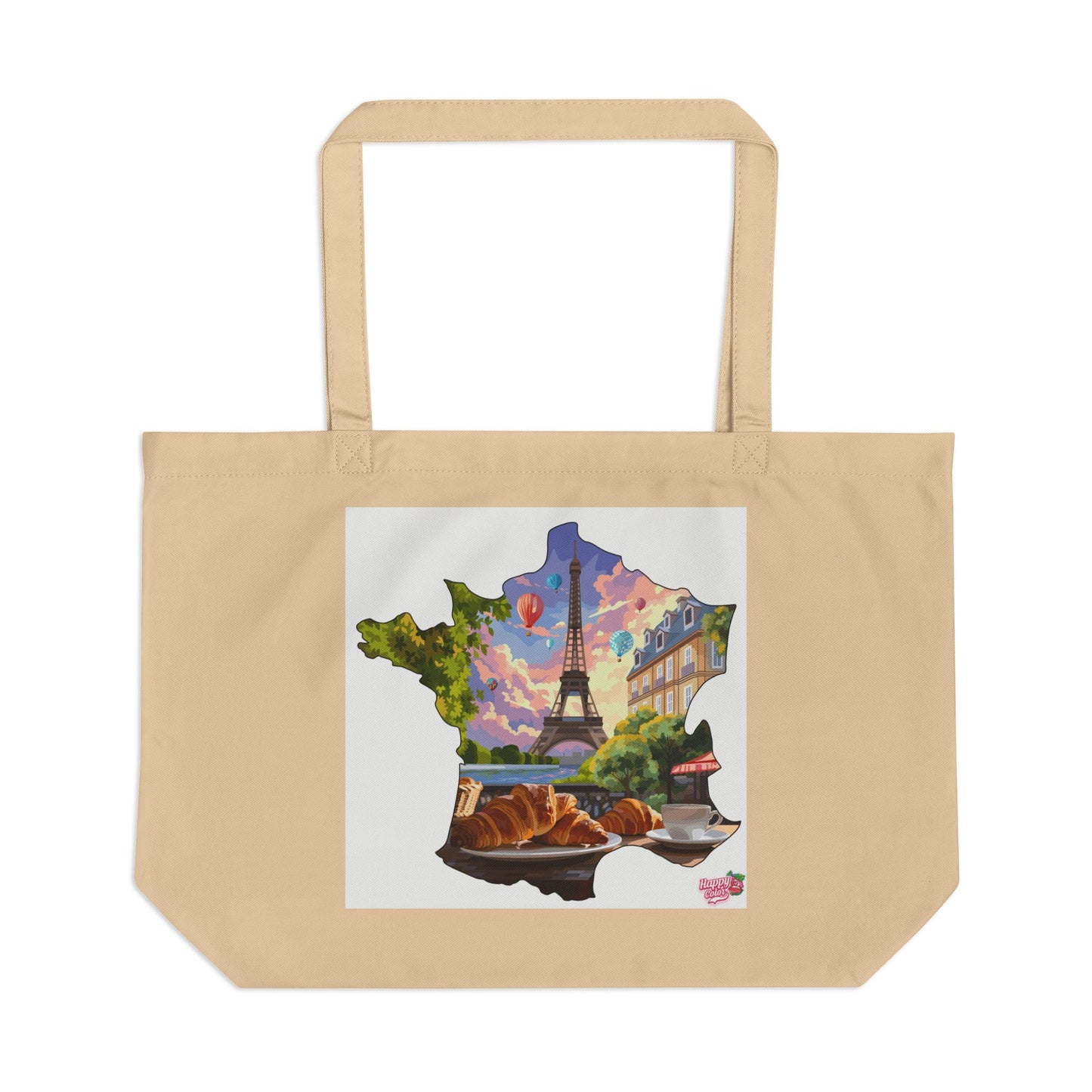 Paris Scene Tote Bag — Eiffel Tower, Croissant & Café Art Eco Tote