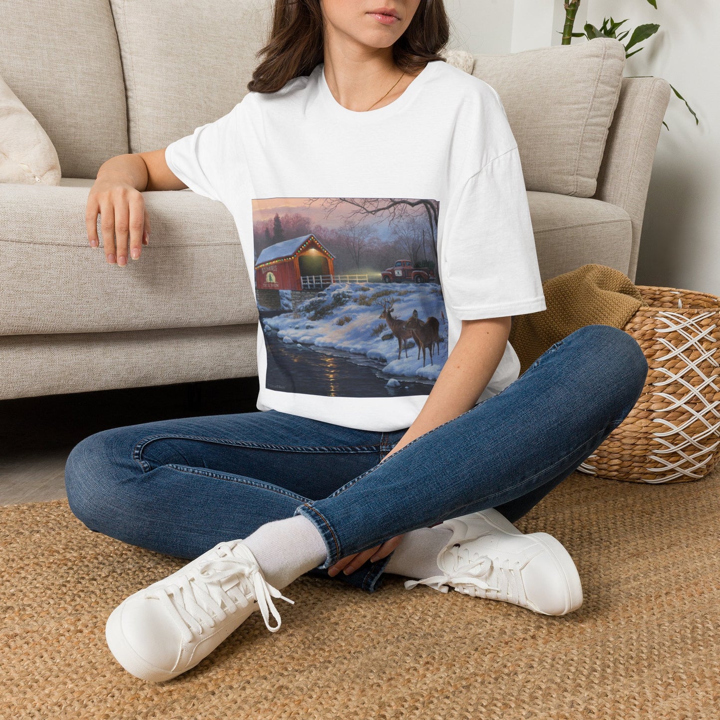 Christmas Covered Bridge T-Shirt — Vintage Truck & Horse Farm Holiday Tee