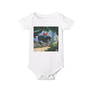 Woodland Adventure Baby Onesie — Baby Riding Bear Forest Illustration Printify