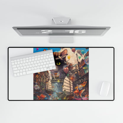 Whimsical Cat City Desk Mat — Large Illustrated Mouse & Hot Air Balloon Gaming/Work Desk Pad
