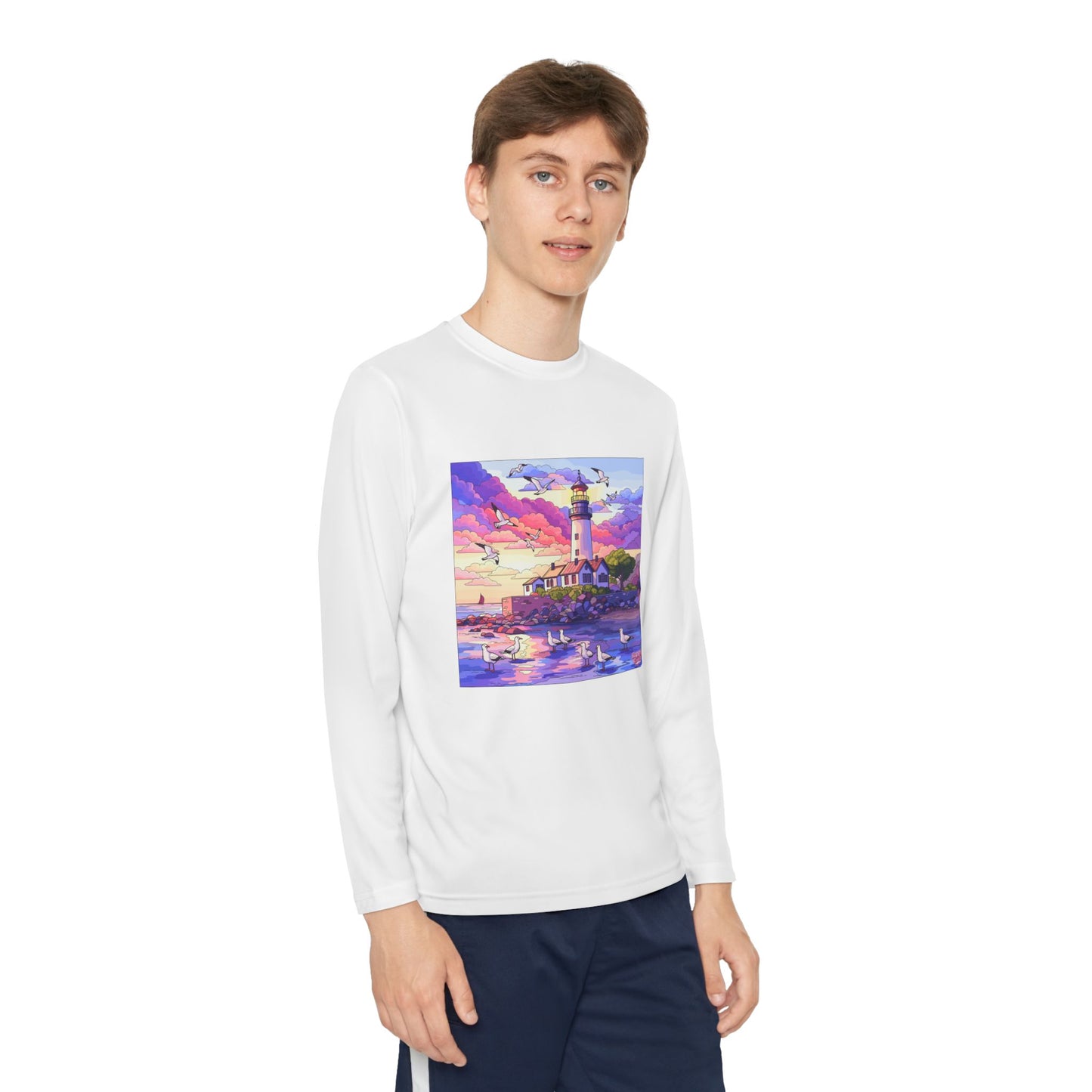 Youth Long Sleeve Tee — Colorful Lighthouse Sunset Graphic