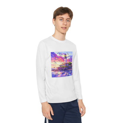 Youth Long Sleeve Tee — Colorful Lighthouse Sunset Graphic