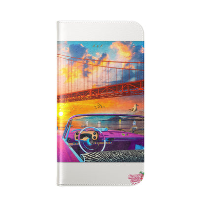 Golden Gate Sunset Convertible Phone Flip Case — Retro Convertible Car Art