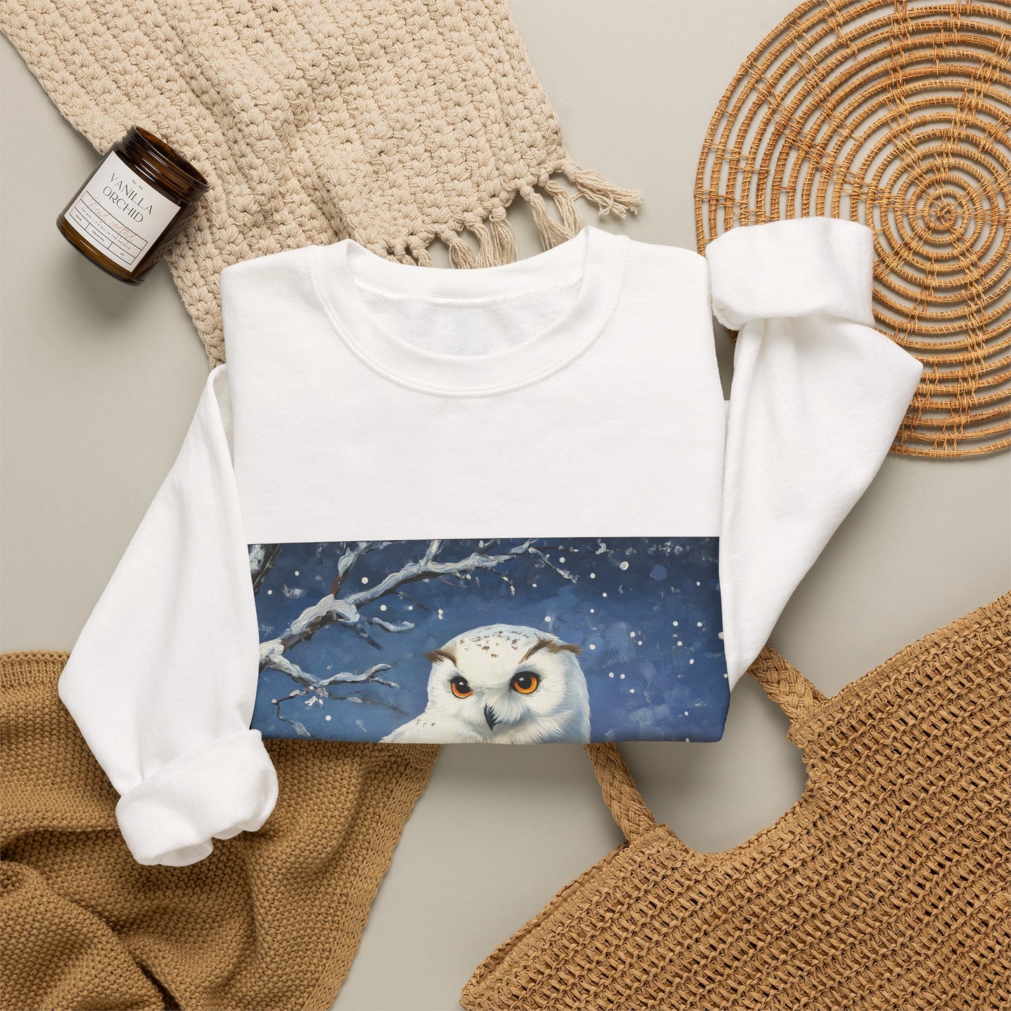Snowy Owl Crewneck Sweatshirt — Winter Night Wildlife Graphic