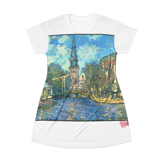 Canal Cityscape T-Shirt Dress — Impressionist Amsterdam Canal Print