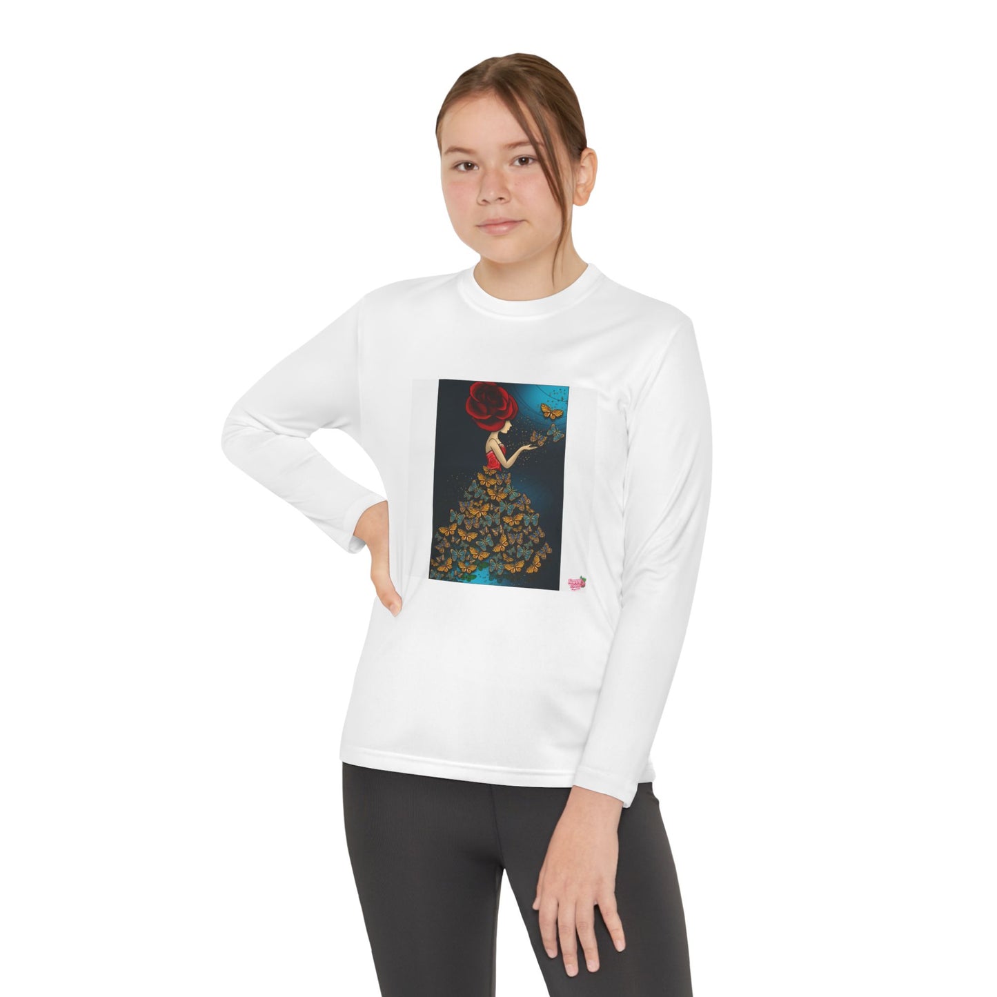 Youth Long Sleeve Tee – Whimsical Red-Haired Mermaid with Butterflies Art