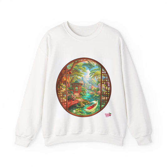 Crewneck Sweatshirt — Serene Asian Garden Window Scene