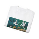 Halloween Ghost Campfire T‑Shirt — Dancing Ghosts in the Woods Graphic Tee Printify