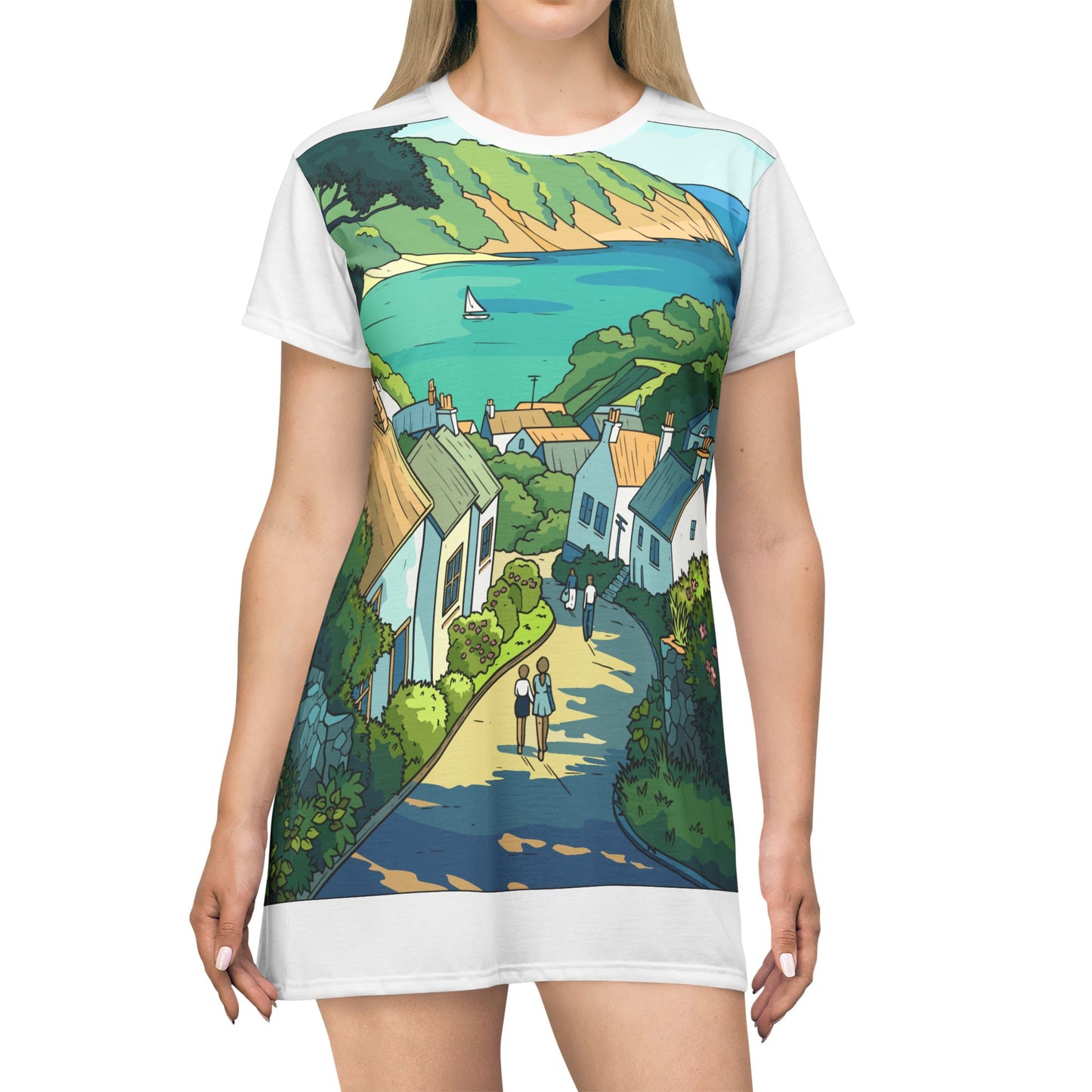 Coastal Village Scenic T‑Shirt Dress — Sea View Illustration AOP