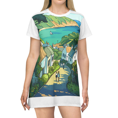 Coastal Village Scenic T‑Shirt Dress — Sea View Illustration AOP