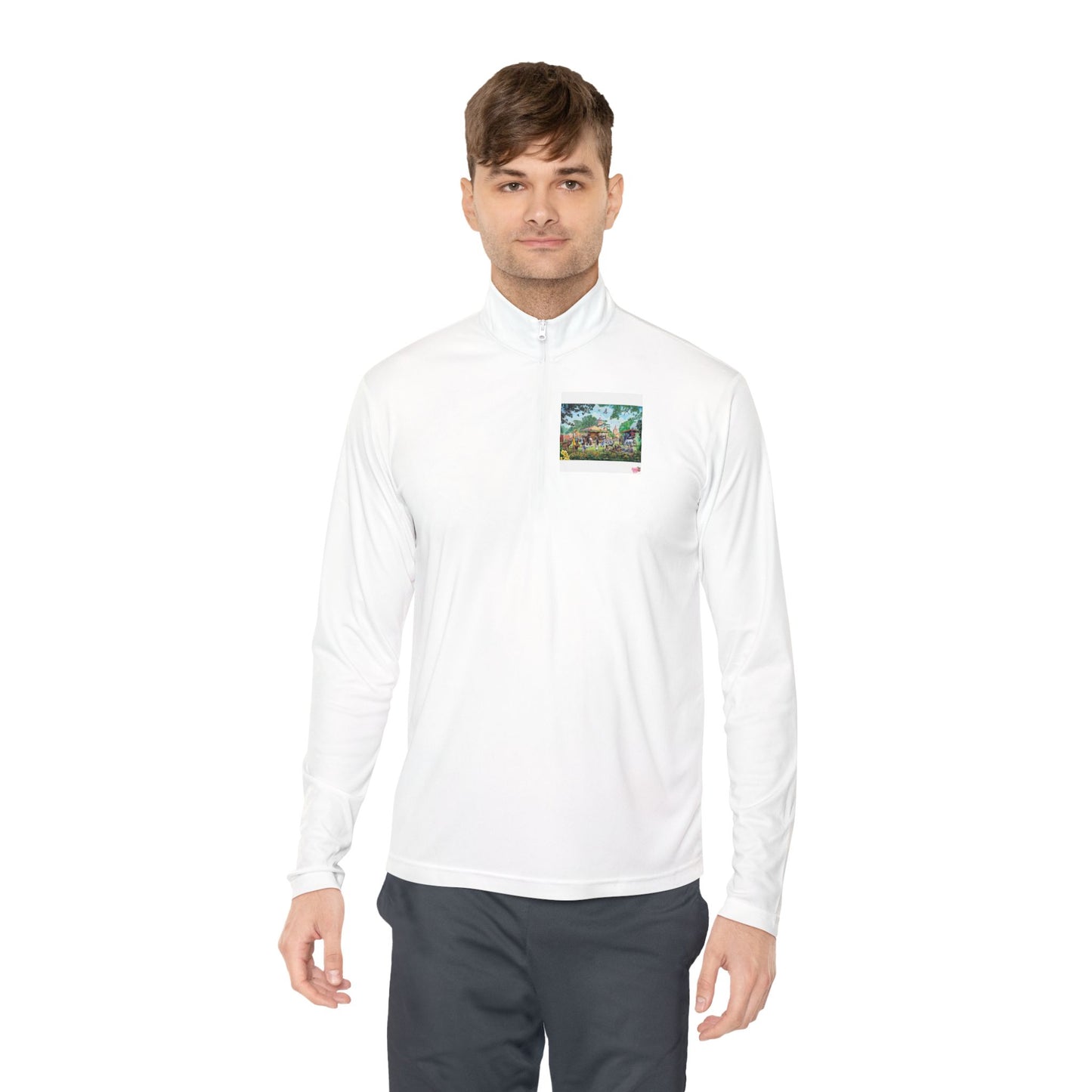 Nature Scene Quarter-Zip Pullover — Mountain River Landscape Embroidered