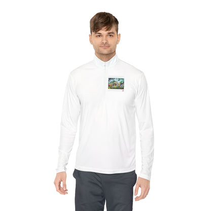 Nature Scene Quarter-Zip Pullover — Mountain River Landscape Embroidered