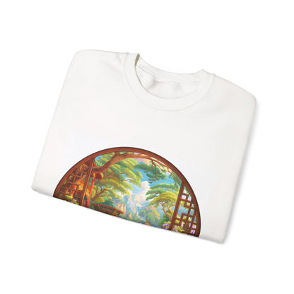 Crewneck Sweatshirt — Serene Asian Garden Window Scene