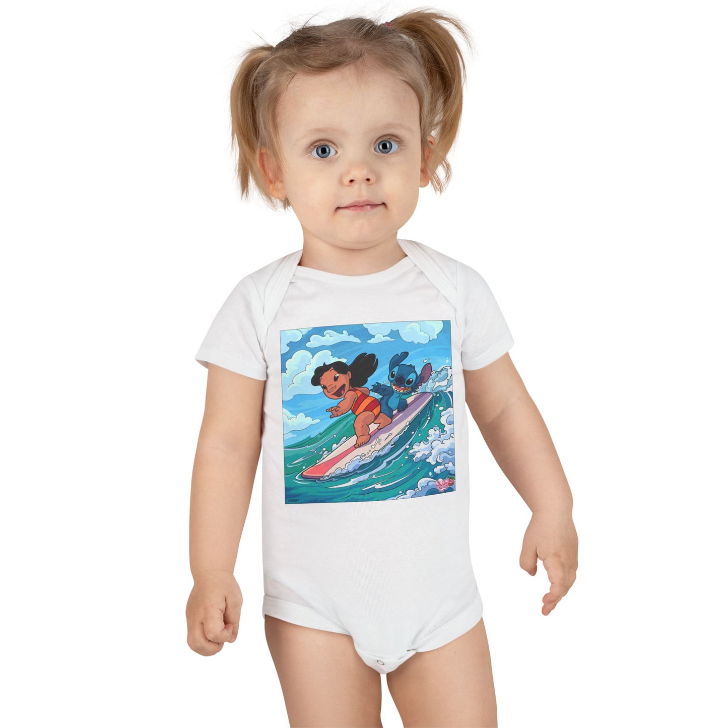 Baby Bodysuit — Cute Surfing Cartoon Baby & Puppy Organic Onesie