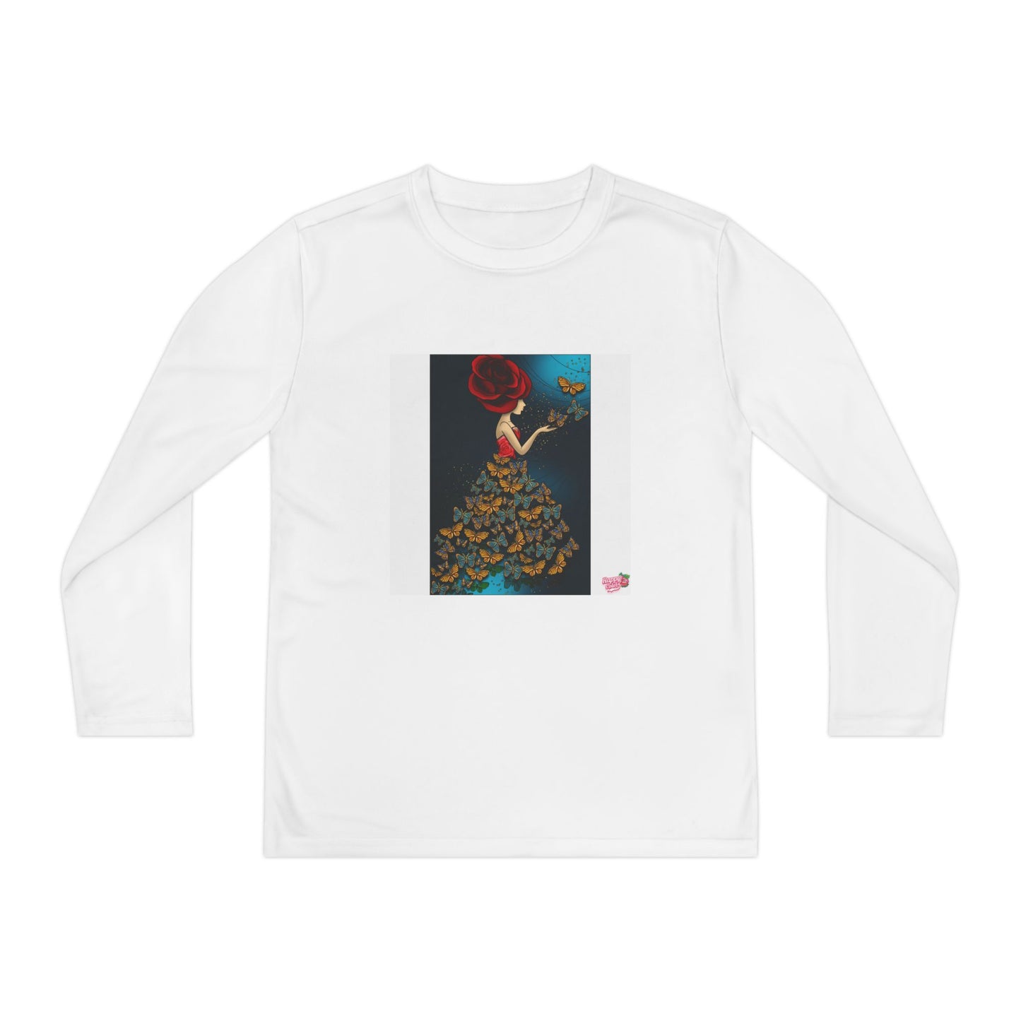 Youth Long Sleeve Tee – Whimsical Red-Haired Mermaid with Butterflies Art
