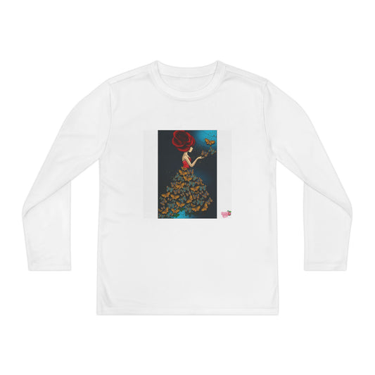 Youth Long Sleeve Tee – Whimsical Red-Haired Mermaid with Butterflies Art