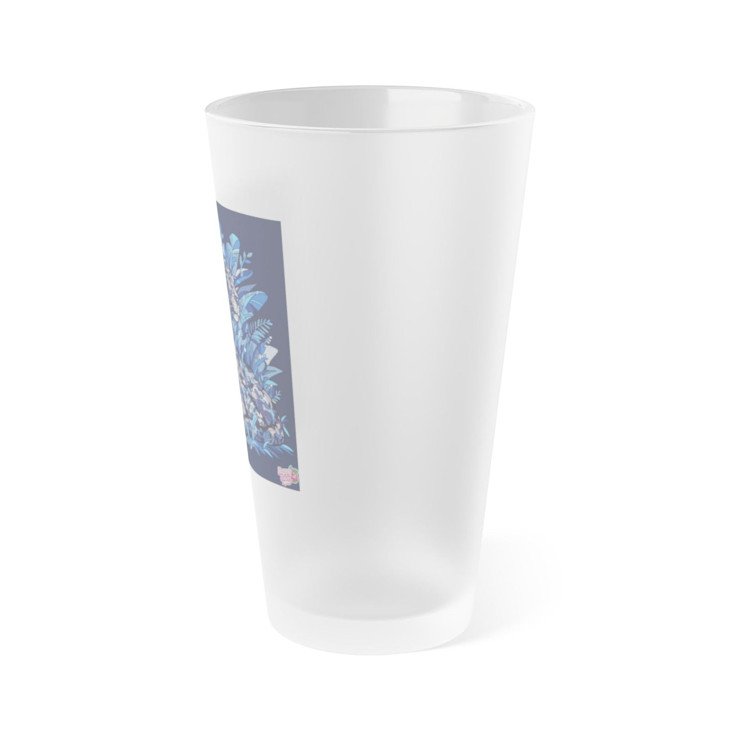 Frosted 16oz Pint Glass — Blue Floral Leopard Design