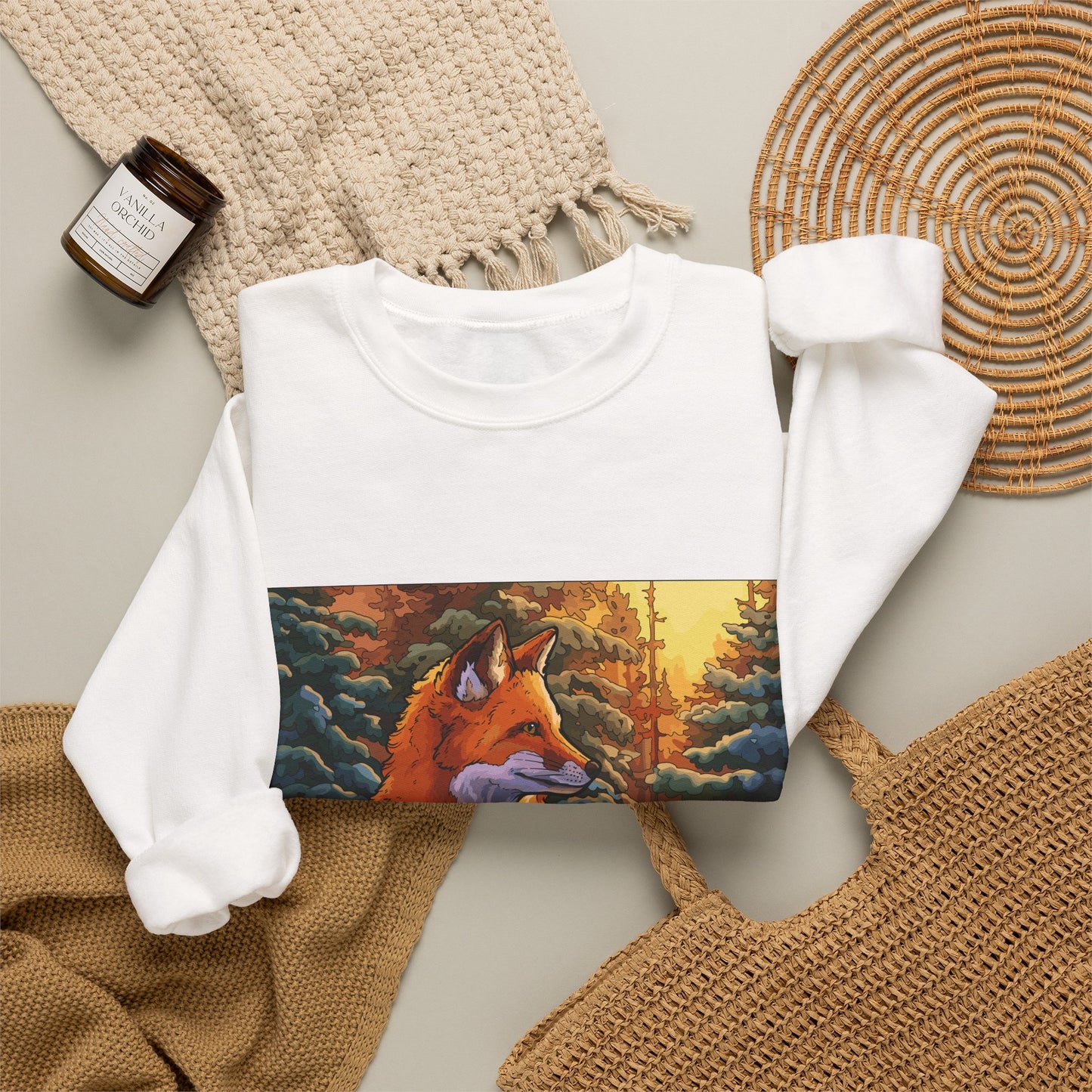 Fox Winter Crewneck Sweatshirt — Sunset Forest Fox Graphic