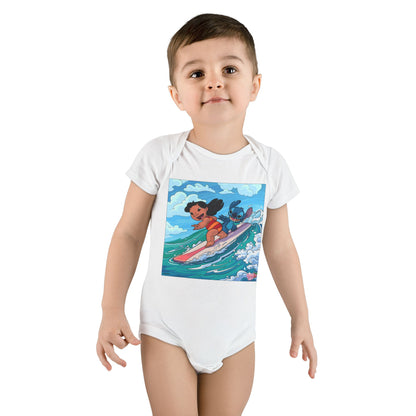 Baby Bodysuit — Cute Surfing Cartoon Baby & Puppy Organic Onesie