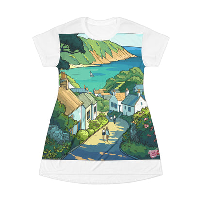 Coastal Village Scenic T‑Shirt Dress — Sea View Illustration AOP