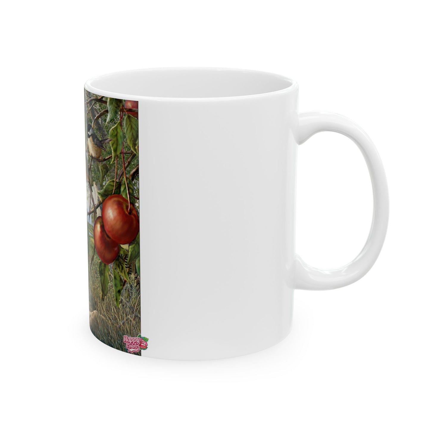 Chickadee & Apple Orchard Ceramic Mug — Nature Bird Coffee Cup (11oz/15oz)