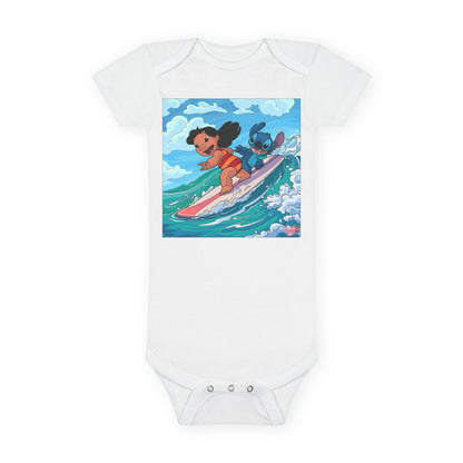Baby Bodysuit — Cute Surfing Cartoon Baby & Puppy Organic Onesie