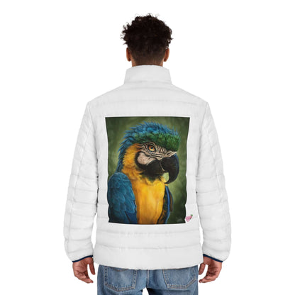 Parrot Art Puffer Jacket — Colorful Blue & Gold Macaw Print