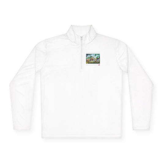 Nature Scene Quarter-Zip Pullover — Mountain River Landscape Embroidered