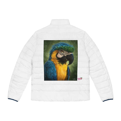 Parrot Art Puffer Jacket — Colorful Blue & Gold Macaw Print