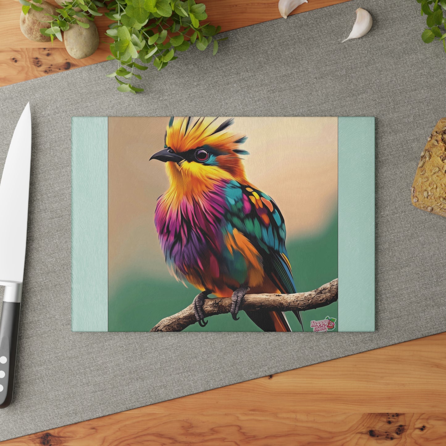 Glass Cutting Board — Colorful Tropical Bird Art Kitchen Chopping Board